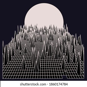 Synthwave landscape with sunrise above the laser grid. Retro 80's and 90's style aesthetics.