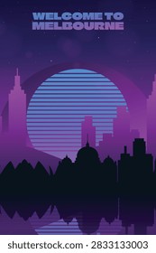 Synthwave Melbourne poster with welcome to text, retro skyline silhouette vector graphic illustrations. Neon sunset background featuring 80s futuristic Australia cityscape and grid reflection