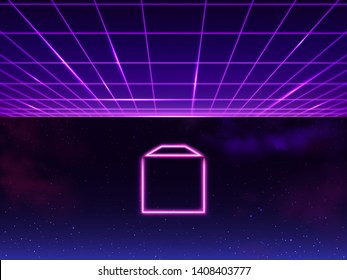 Synthwave neon grid futuristic background with folder icon in space, retro sci-fi 80s 90s. Futuresynth rave, vapor party retrowave backdrop. Cyberpunk vintage, purple, pink, blue vector illustration.