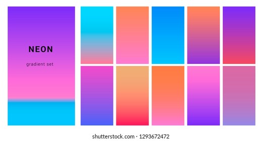 Synthwave neon palette, gradient swatches for desing. Trendy pastel colors: purple, blue, and pink duotone gradients, retrowave 80s-90s aesthetics.