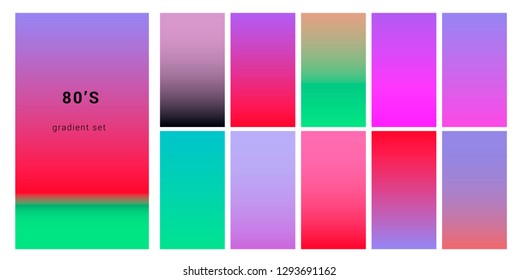 Synthwave neon palette, gradient swatches for desing. Trendy pastel colors: purple, blue, and pink duotone gradients, retrowave 80s-90s aesthetics.