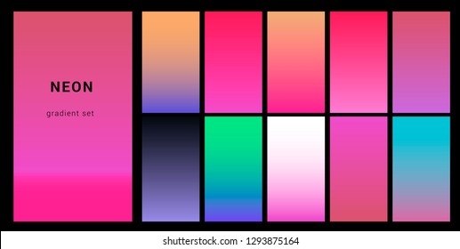 Synthwave neon palette, gradient swatches for design. Trendy pastel colors: purple, blue, and pink duotone gradients, retrowave 80s-90s aesthetics.