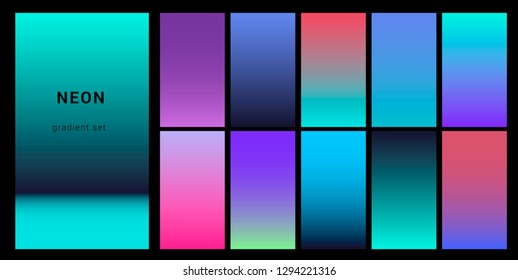 Synthwave neon palette, gradient swatches for design. Trendy pastel colors: purple, blue, and pink duotone gradients, retrowave 80s-90s aesthetics.