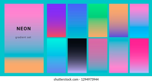 Synthwave neon palette, gradient swatches for design. Trendy pastel colors: purple, blue, and pink duotone gradients, retrowave 80s-90s aesthetics.