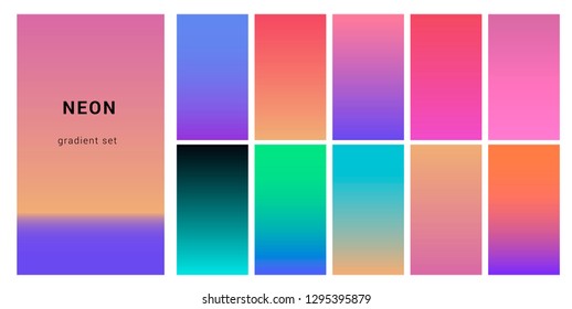 Synthwave neon palette, gradient swatches for design. Trendy pastel colors: purple, blue, and pink duotone gradients, retrowave 80s-90s aesthetics.