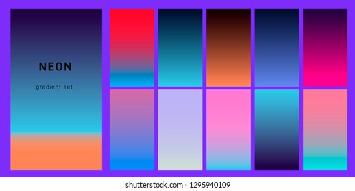 Synthwave neon palette, gradient swatches for design. Trendy pastel colors: purple, blue, and pink duotone gradients, retrowave 80s-90s aesthetics.