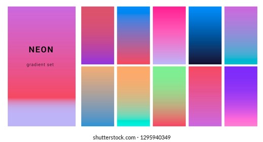 Synthwave neon palette, gradient swatches for design. Trendy pastel colors: purple, blue, and pink duotone gradients, retrowave 80s-90s aesthetics.