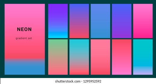 Synthwave neon palette, gradient swatches for desing. Trendy pastel colors: purple, blue, and pink duotone gradients, retrowave 80s-90s aesthetics.