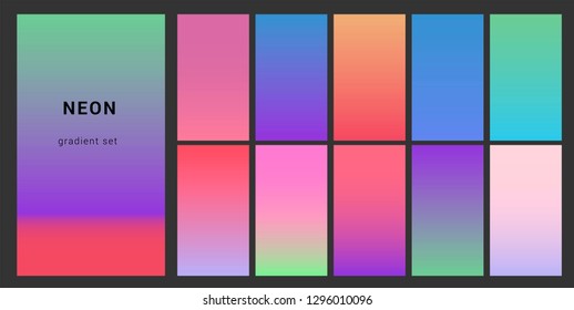 Synthwave neon palette, gradient swatches for desing. Trendy pastel colors: purple, blue, and pink duotone gradients, retrowave 80s-90s aesthetics.