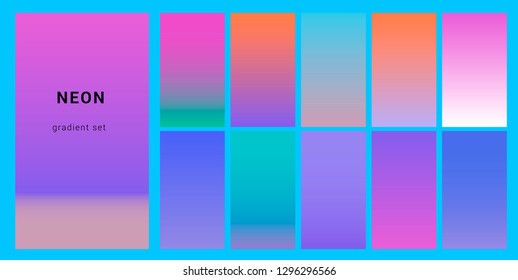 Synthwave neon palette, gradient swatches for design. Trendy pastel colors: purple, blue, and pink duotone gradients, retrowave 80s-90s aesthetics.