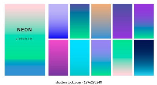 Synthwave neon palette, gradient swatches for design. Trendy pastel colors: purple, blue, and pink duotone gradients, retrowave 80s-90s aesthetics.