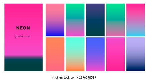 Synthwave neon palette, gradient swatches for design. Trendy pastel colors: purple, blue, and pink duotone gradients, retrowave 80s-90s aesthetics.