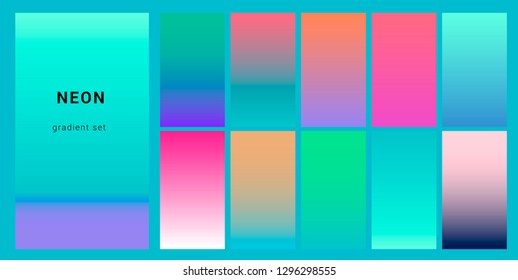 Synthwave neon palette, gradient swatches for design. Trendy pastel colors: purple, blue, and pink duotone gradients, retrowave 80s-90s aesthetics.