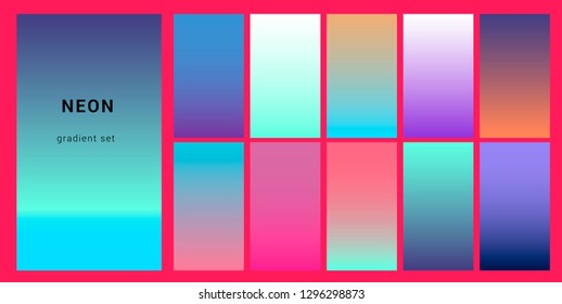 Synthwave neon palette, gradient swatches for design. Trendy pastel colors: purple, blue, and pink duotone gradients, retrowave 80s-90s aesthetics.