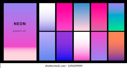 Synthwave neon palette, gradient swatches for design. Trendy pastel colors: purple, blue, and pink duotone gradients, retrowave 80s-90s aesthetics.