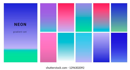Synthwave neon palette, gradient swatches for design. Trendy pastel colors: purple, blue, and pink duotone gradients, retrowave 80s-90s aesthetics.