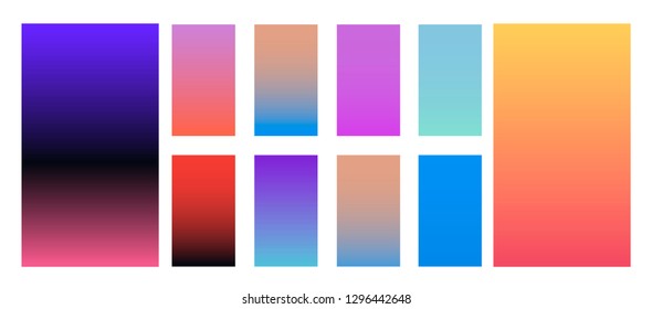 Synthwave neon palette, gradient swatches for desing. Trendy pastel colors: purple, blue, and pink duotone gradients, retrowave 80s-90s aesthetics.
