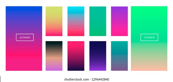 Synthwave neon palette, gradient swatches for desing. Colorful backgrounds in trendy neon colors: UFO Green, Plastic Pink, and Proton Purple, Electric Blue. 