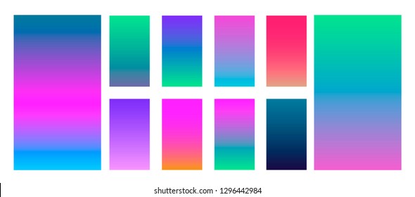 Synthwave neon palette, gradient swatches for desing. Trendy pastel colors: purple, blue, and pink duotone gradients, retrowave 80s-90s aesthetics.