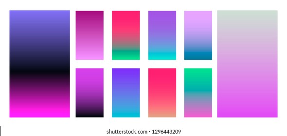 Synthwave neon palette, gradient swatches for desing. Trendy pastel colors: purple, blue, and pink duotone gradients, retrowave 80s-90s aesthetics.