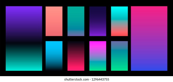 Synthwave neon palette, gradient swatches for desing. Trendy pastel colors: purple, blue, and pink duotone gradients, retrowave 80s-90s aesthetics.