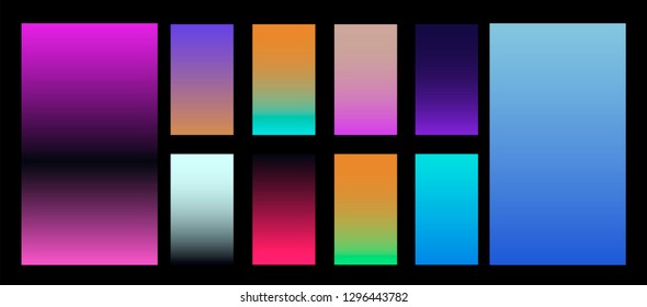 Synthwave neon palette, gradient swatches for desing. Trendy pastel colors: purple, blue, and pink duotone gradients, retrowave 80s-90s aesthetics.