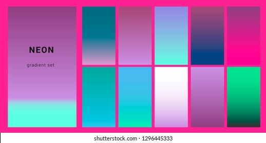 Synthwave neon palette, gradient swatches for design. Trendy pastel colors: purple, blue, and pink duotone gradients, retrowave 80s-90s aesthetics.