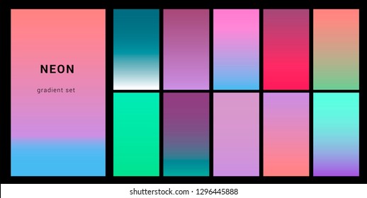 Synthwave neon palette, gradient swatches for design. Trendy pastel colors: purple, blue, and pink duotone gradients, retrowave 80s-90s aesthetics.