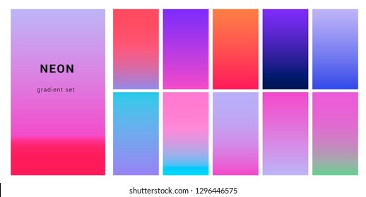 Synthwave neon palette, gradient swatches for design. Trendy pastel colors: purple, blue, and pink duotone gradients, retrowave 80s-90s aesthetics.