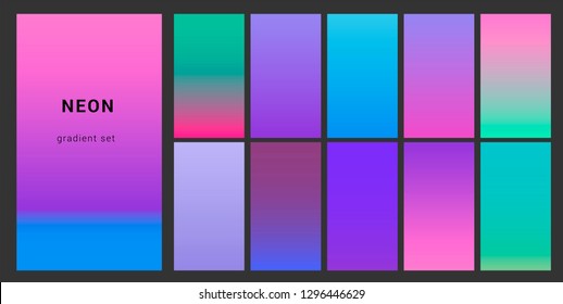 Synthwave neon palette, gradient swatches for design. Trendy pastel colors: purple, blue, and pink duotone gradients, retrowave 80s-90s aesthetics.