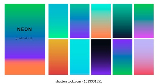 Synthwave neon palette, gradient swatches for desing. Trendy pastel colors: purple, blue, and pink duotone gradients, retrowave 80s-90s aesthetics.