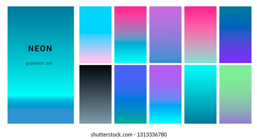 Synthwave neon palette, gradient swatches for desing. Trendy pastel colors: purple, blue, and pink duotone gradients, retrowave 80s-90s aesthetics.