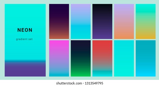 Synthwave neon palette, gradient swatches for desing. Trendy pastel colors: purple, blue, and pink duotone gradients, retrowave 80s-90s aesthetics.