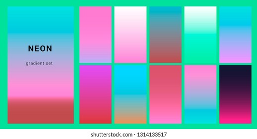 Synthwave neon palette, gradient swatches for desing. Trendy pastel colors: purple, blue, and pink duotone gradients, retrowave 80s-90s aesthetics.