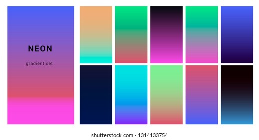 Synthwave neon palette, gradient swatches for desing. Trendy pastel colors: purple, blue, and pink duotone gradients, retrowave 80s-90s aesthetics.
