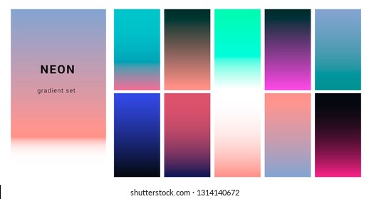Synthwave neon palette, gradient swatches for desing. Trendy pastel colors: purple, blue, and pink duotone gradients, retrowave 80s-90s aesthetics.