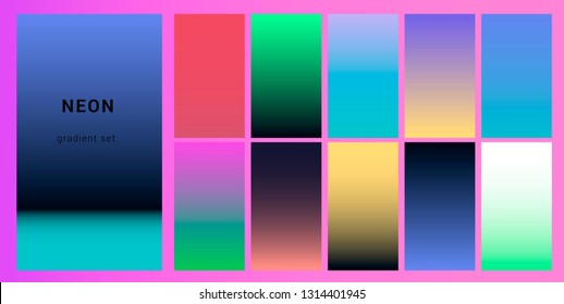 Synthwave neon palette, gradient swatches for desing. Trendy pastel colors: purple, blue, and pink duotone gradients, retrowave 80s-90s aesthetics.