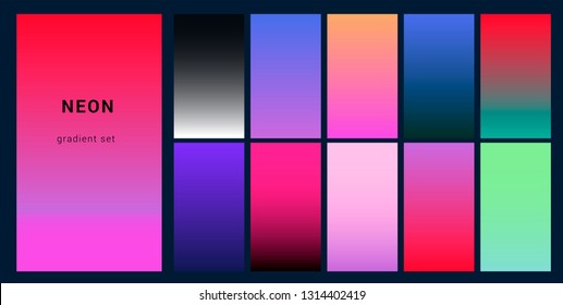 Synthwave neon palette, gradient swatches for desing. Trendy pastel colors: purple, blue, and pink duotone gradients, retrowave 80s-90s aesthetics.