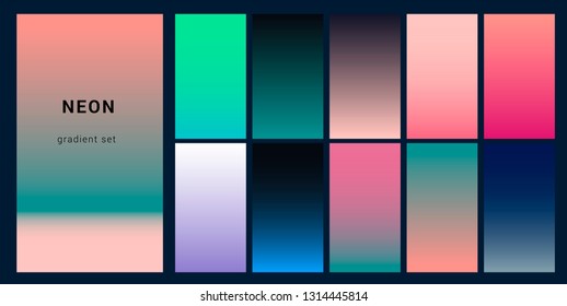 Synthwave neon palette, gradient swatches for desing. Trendy pastel colors: purple, blue, and pink duotone gradients, retrowave 80s-90s aesthetics.