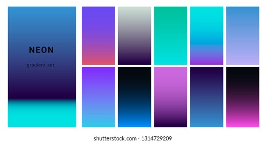 Synthwave neon palette, gradient swatches for desing. Trendy pastel colors: purple, blue, and pink duotone gradients, retrowave 80s-90s aesthetics.