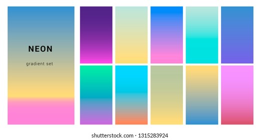 Synthwave neon palette, gradient swatches for desing. Trendy pastel colors: purple, blue, and pink duotone gradients, retrowave 80s-90s aesthetics.