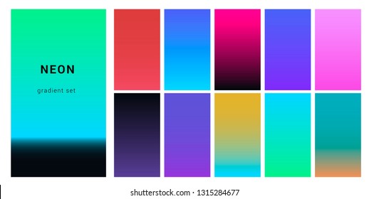 Synthwave neon palette, gradient swatches for desing. Trendy pastel colors: purple, blue, and pink duotone gradients, retrowave 80s-90s aesthetics.