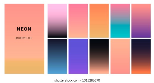 Synthwave neon palette, gradient swatches for desing. Trendy pastel colors: purple, blue, and pink duotone gradients, retrowave 80s-90s aesthetics.