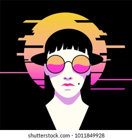 Synthwave pale girl with sunglasses, glitched sunset on background.