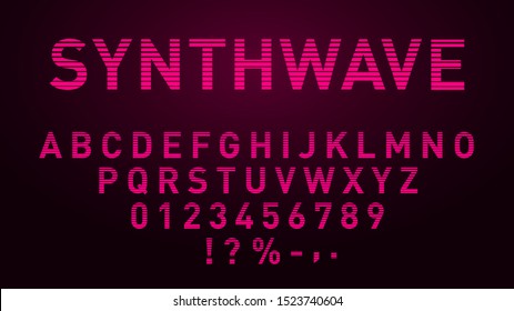 Synthwave pink font in 1980s style. Retrowave striped letters, numbers and symbols. Vector. Eps 10
