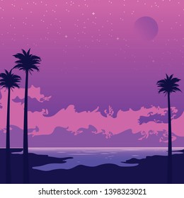 Synthwave poster with beach and palms. Pink sunset