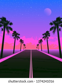 Synthwave Poster With Dream Road And Palms. Pink Sunset. Vector Illustration