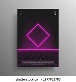 Synthwave poster. Glowing rhombus shape with laser perspective grid in starry space. Vivid layout for retrowave electronic music events. Design for poster, cover. Vector illustration