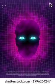 Synthwave poster. Head with glowing blue eyes in pink fog in space on distorted laser grid background. Vivid layout for retrowave electronic music events. Design for poster, cover. Vector illustration