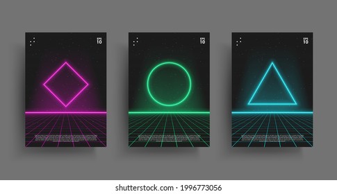 Synthwave-Poster-Set. Glühende Geometrieformen mit Laserperspektivraster im Sternenraum. Vivide Layouts für Retrowave-elektronische Musikereignisse. Design für Poster, Deckel. Vektorgrafik